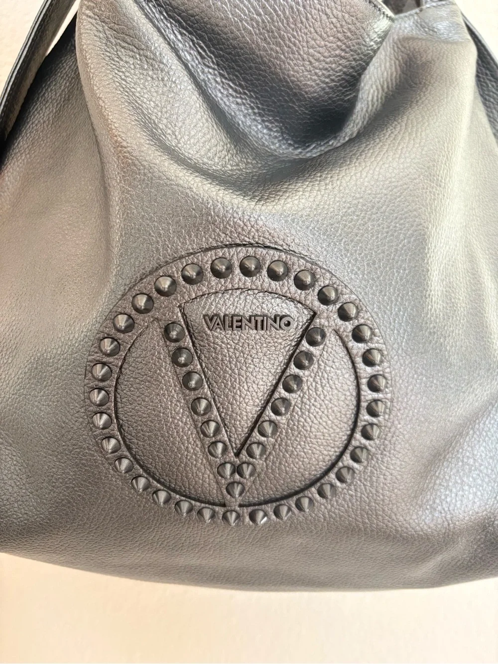 Valentino Metallic Gray Studded Logo Leather Tote